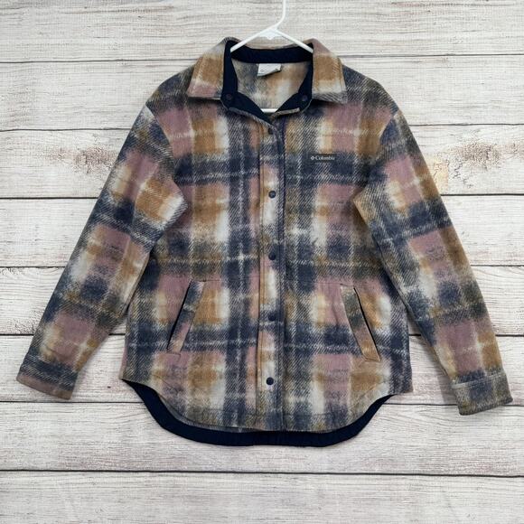 Columbia Jacket Womens Small Pink Brown Plaid Fleece Shacket Outdoors Pockets - Picture 1 of 12